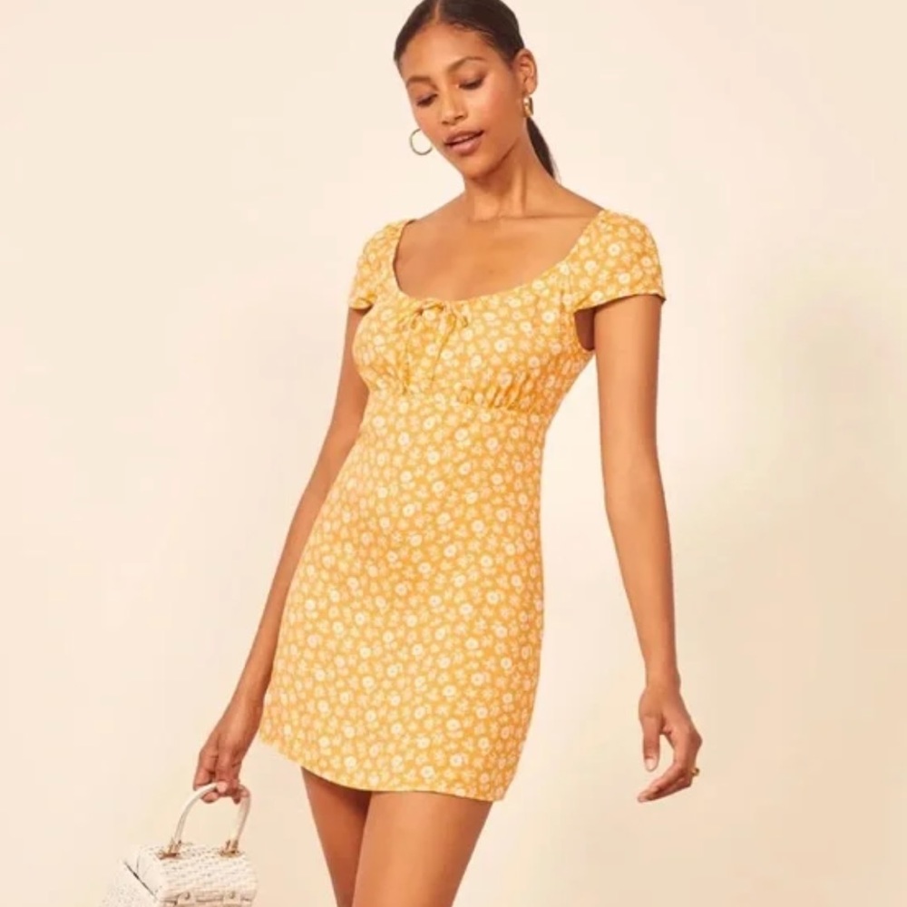 Reformation Floral Maison yellow Tie Mini Dress size M